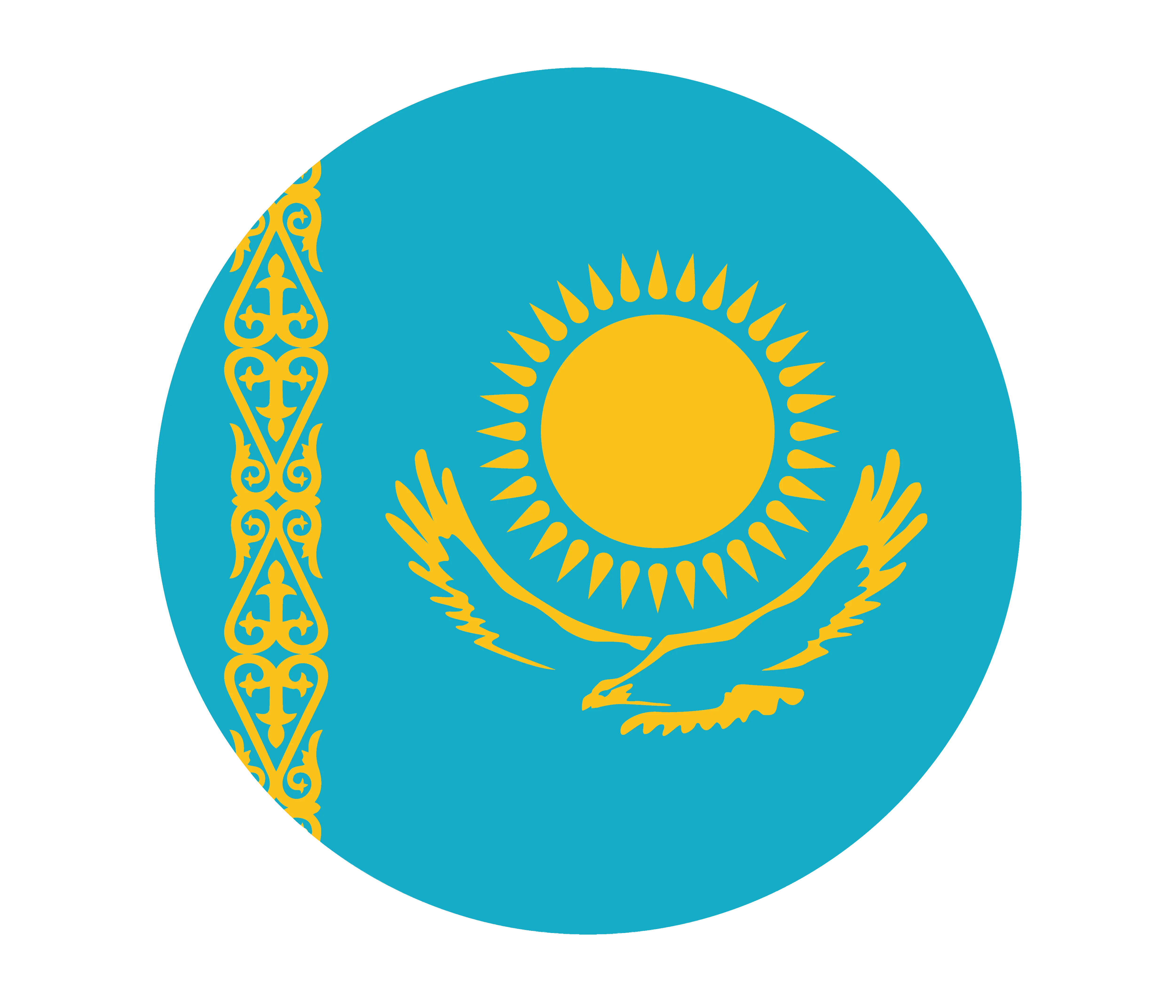 Mavi zeminde altın güneş ve kartal, kenarda altın motiflerle Kazakistan bayrağı.