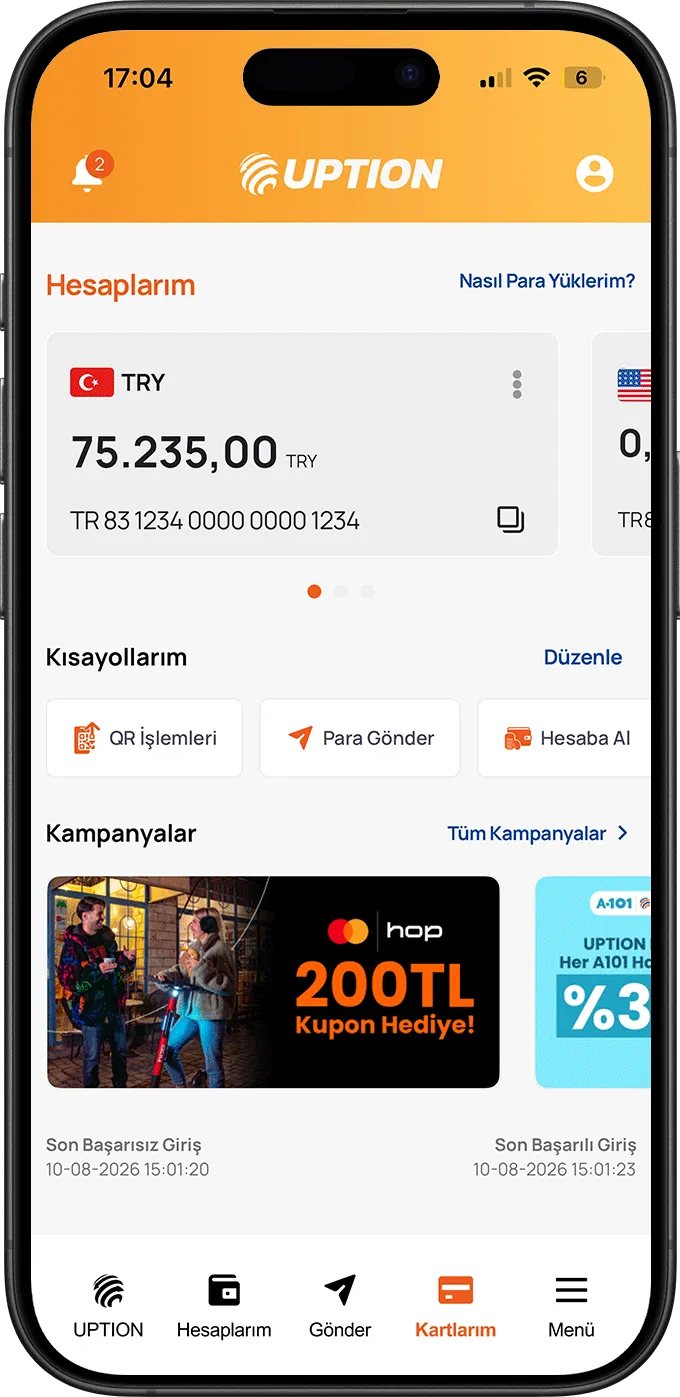 Uption mobil uygulama ekranında 75.235 TRY bakiye ve para gönderme kısayolları görünmekte.