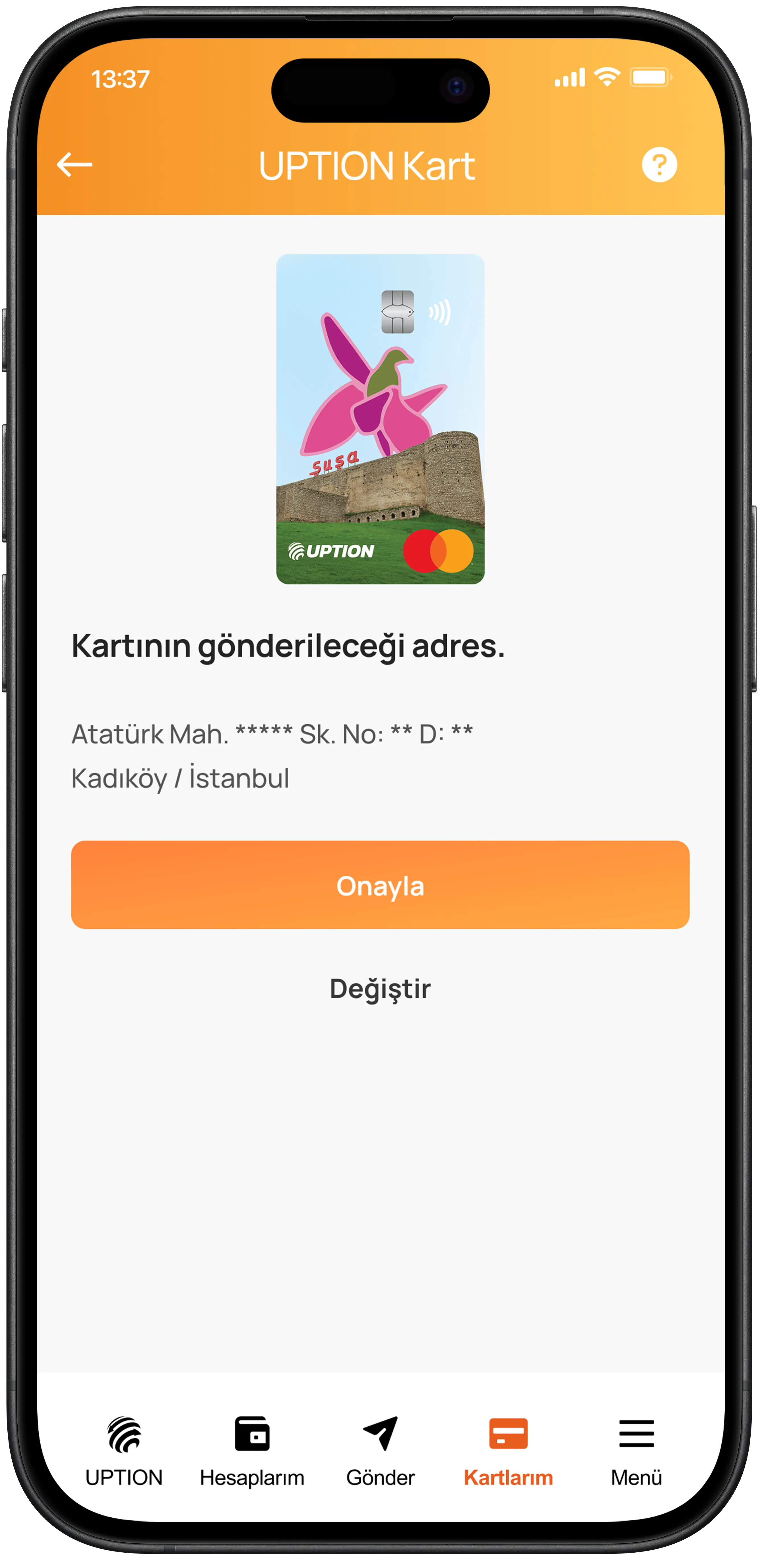 Uption kart tasarımıyla, gönderim adresi Atatürk Mahallesi, Kadıköy, İstanbul olarak görüntüleniyor.