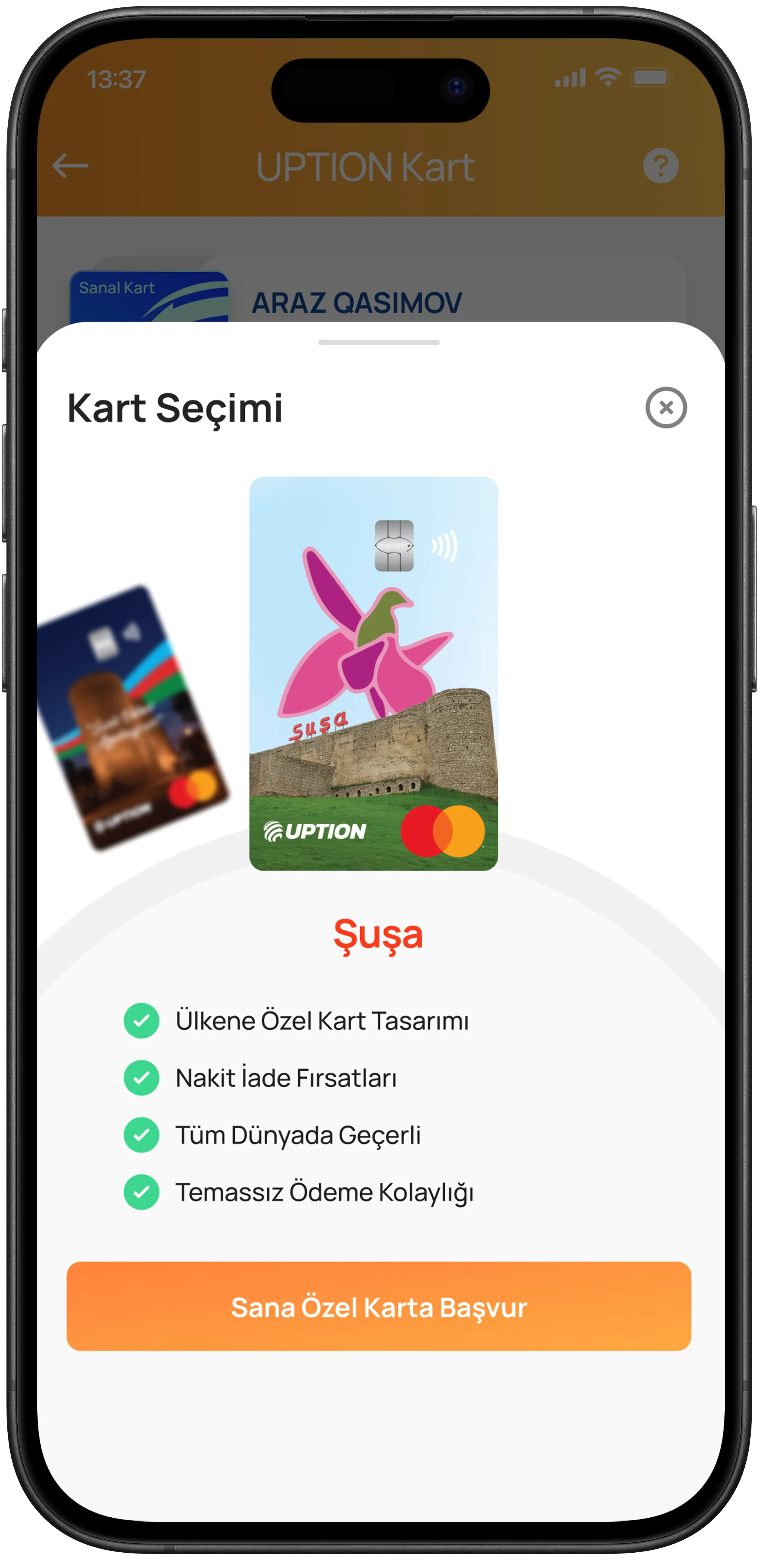 Şuşa temassız Mastercard karta özel tasarım, nakit iade, dünya çapında geçerli ve kolay ödeme özellikleri.