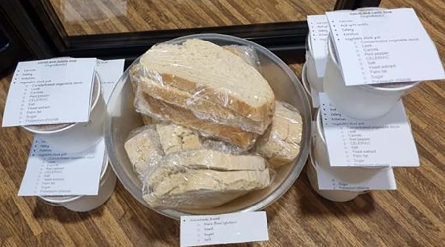 A collection of the saved food in the community pantry, clearly labeled with ingredients and allergens