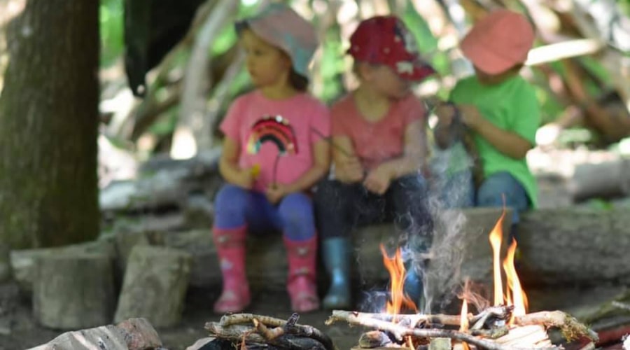 3 kids next to a bonfire