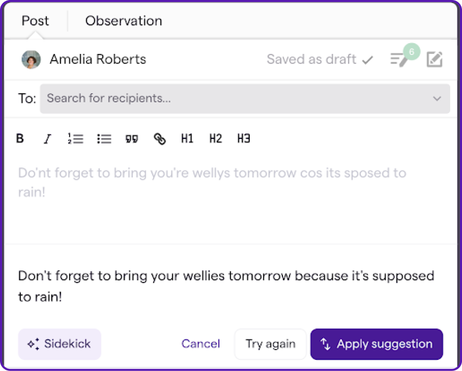 A screen grab of Famly's Sidekick feature
