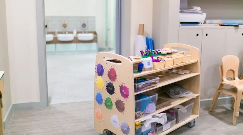 Tray on wheels with painting brushes and art tools