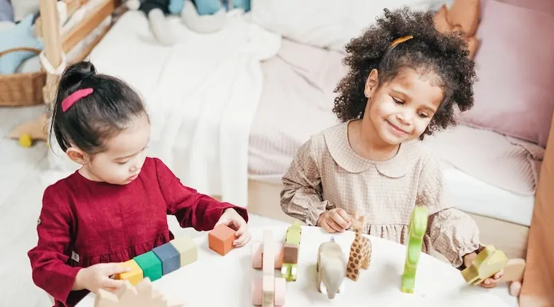 Two girls playing with wooden cubes and animals