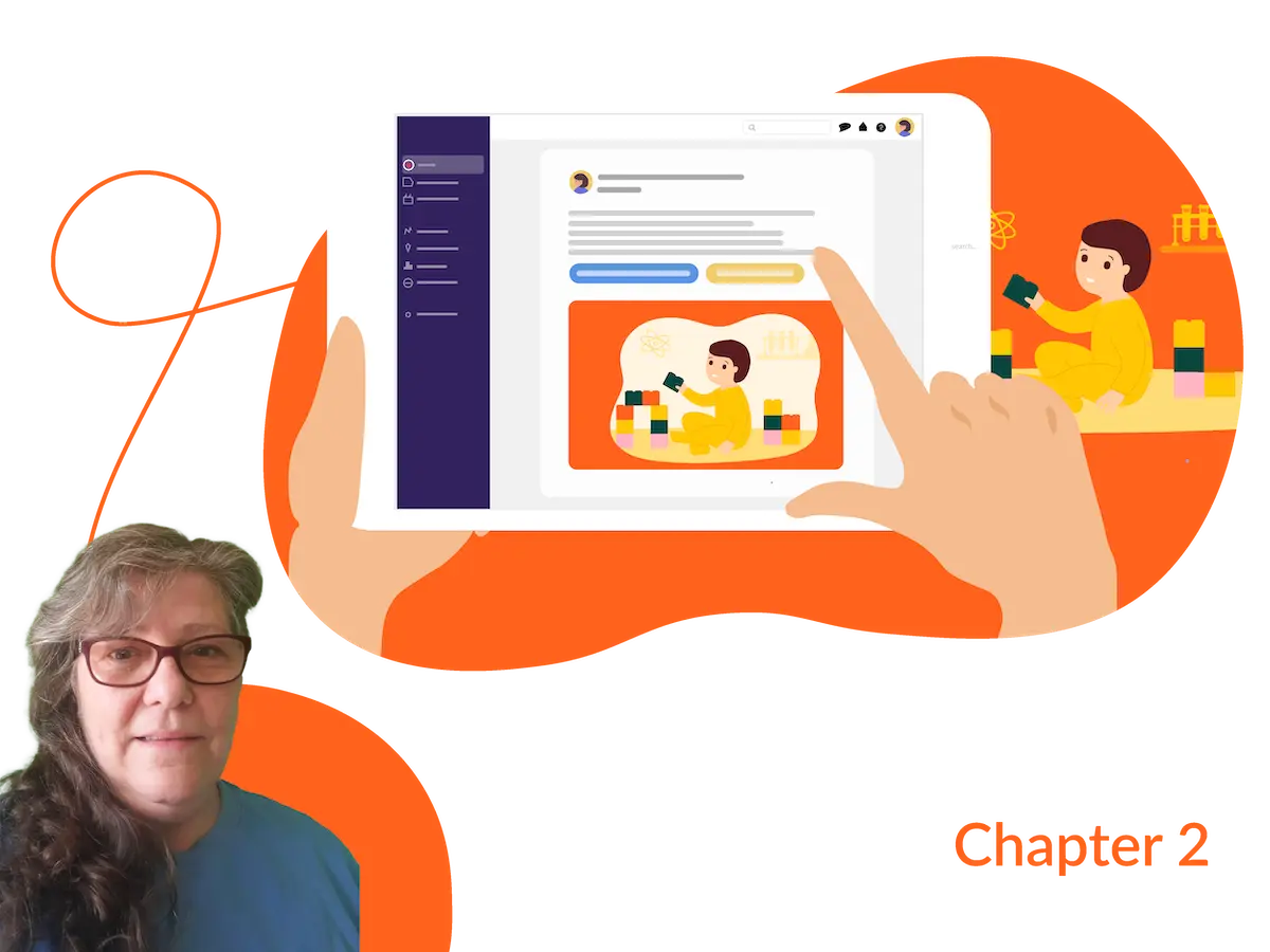 A photograph of Ruth Hearn with a cartoon image of a hand using the Famly app, on a tablet.