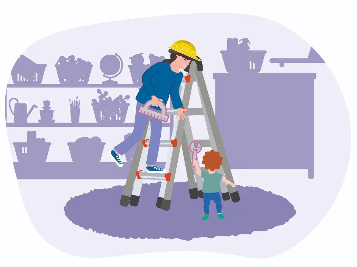 A cartoon image of an early years educator on a ladder.