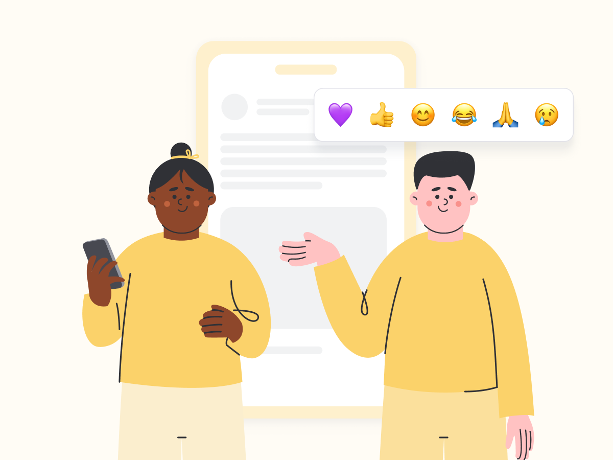 illustration of two people. one woman on her phone posting on social media.