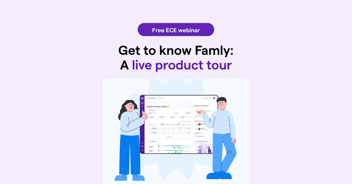 illustration of two adults pointing to the Famly platform