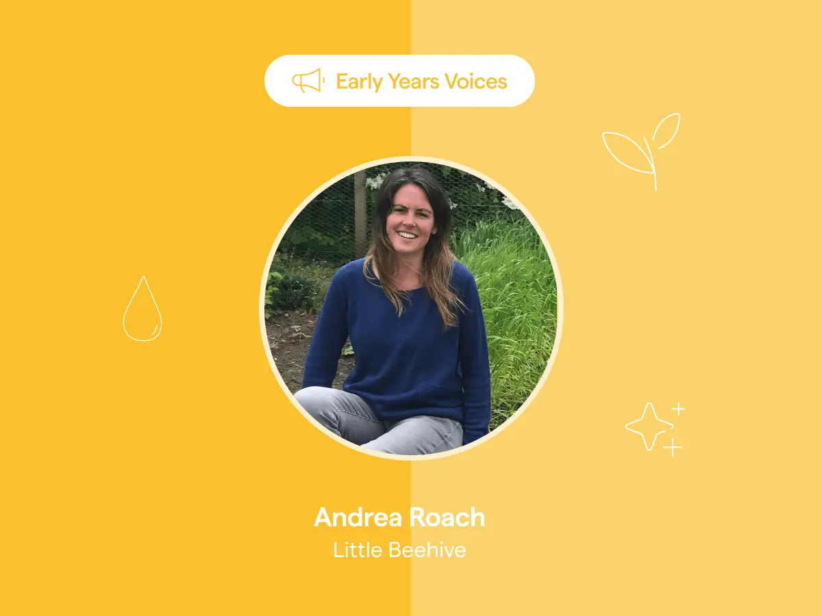 A photo of early years Outdoor Educator Andrea Roach on a yellow background