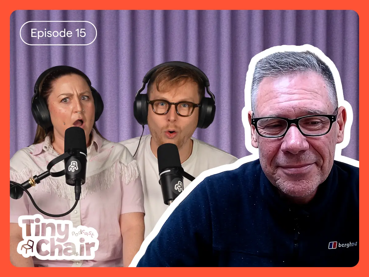 Tiny Chair Podcast hosts, Julia and Matt, with guest, Pete Moorhouse