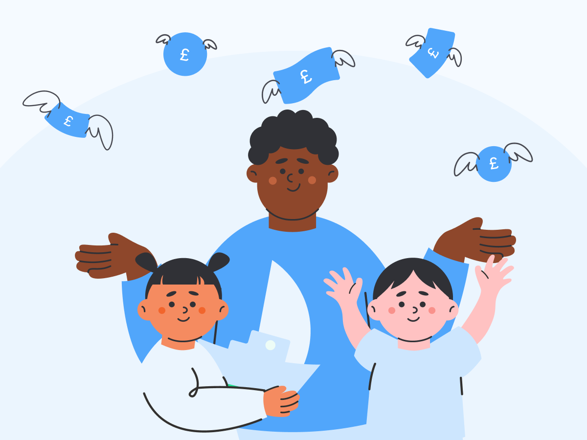 A cartoon image of an Early Years educator and two children with money flying around them.