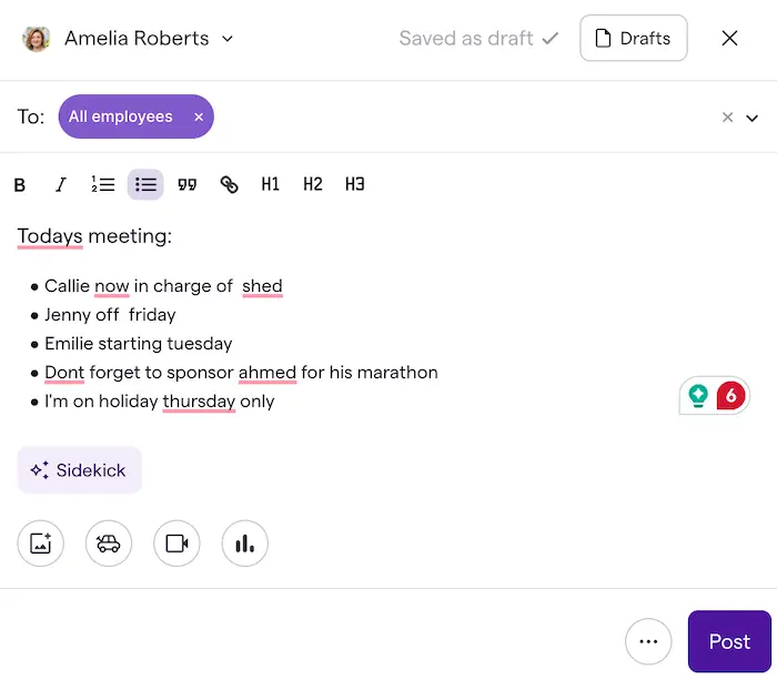 An image showing a Famly Newsfeed post before using the Sidekick writing assistant