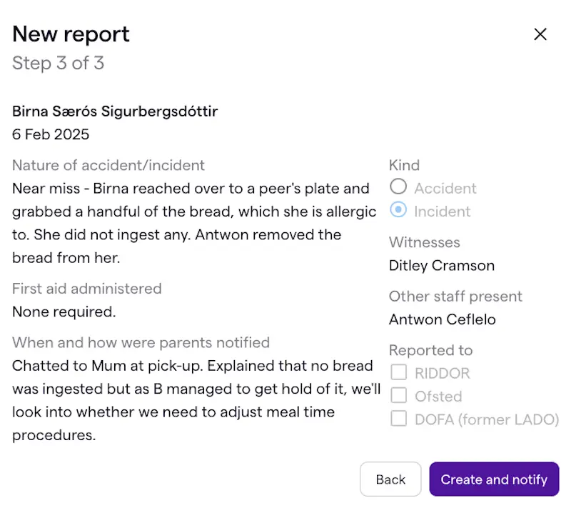 A screengrab from Famly's Early Childhood Platform, showing an incident report