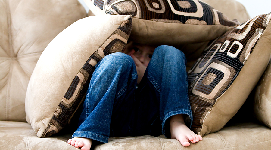 Boy sitting on a couch covered with cushions