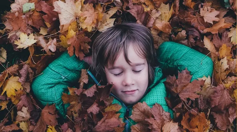 A boy relaxing with closed eyes covered in fallen leaves