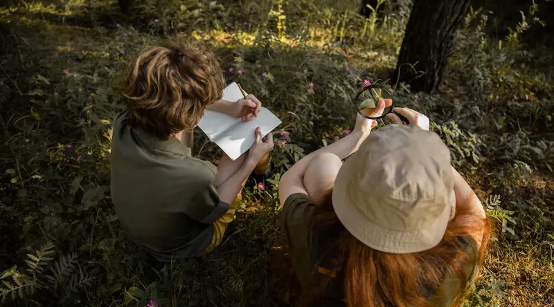 Two children outdoors playing biologists