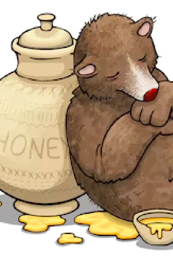 Drawing of a sleepy bear leaning on a pot with honey