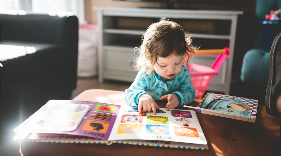 toddler in blue jumpsuit reading picture book