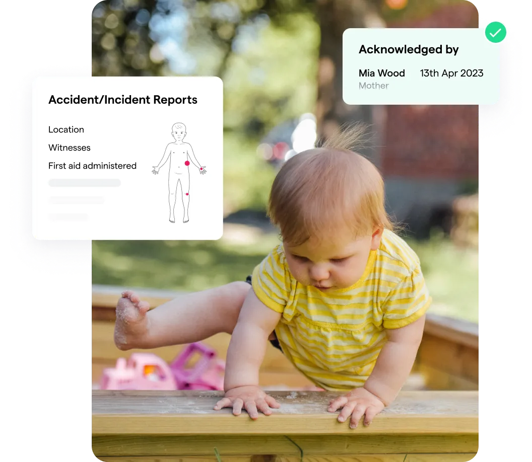 A toddler in a yellow striped shirt climbs over a wooden edge outdoors. Two digital overlays show an accident report and acknowledgement details.