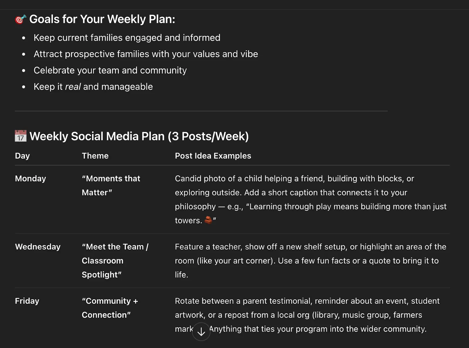 Screenshot from ChatGPT on helping me build a social media content calendar for preschools