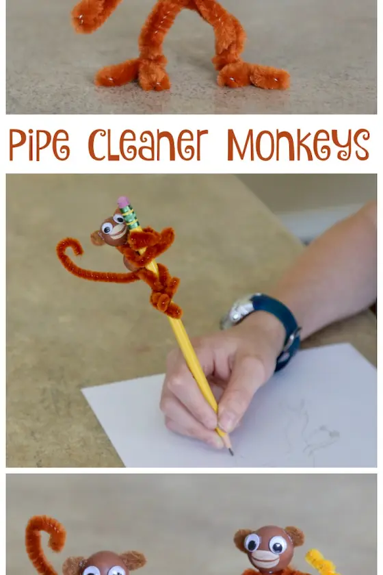 pipe cleaner monkey with googly eyes wrapped around a pencil