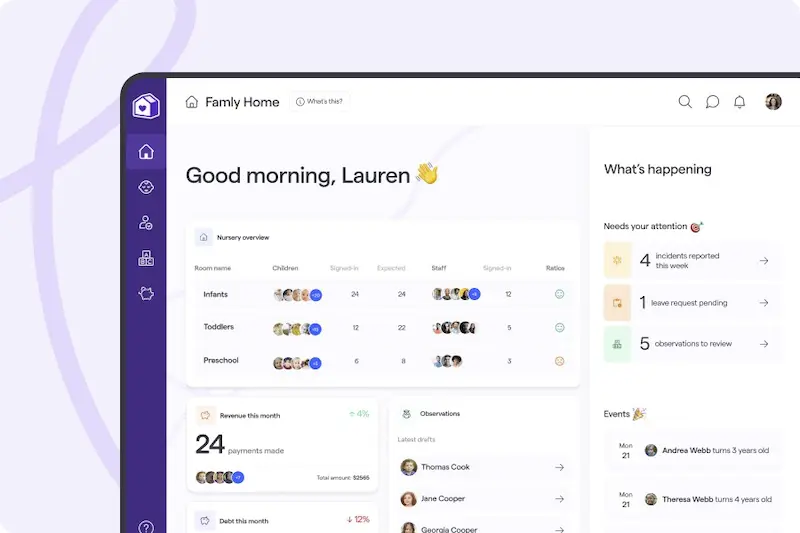 Screenshot of the welcome screen of Famly with nursery overview, revenue this month, observations and other widgets