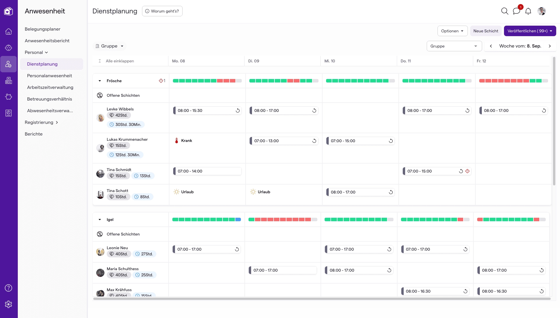 Ein digitaler Dienstplan für die Kita mit Wochenansicht und Abwesenheiten.