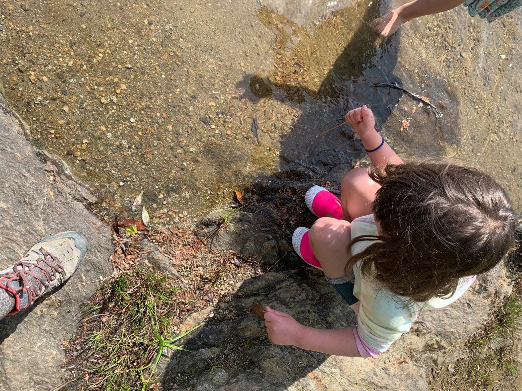A child plays outdoors in a stream