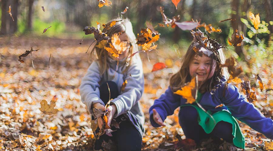 Children playing with dry leaves