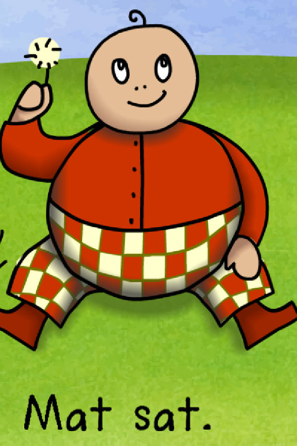 bob books character holding up flower saying mat sat