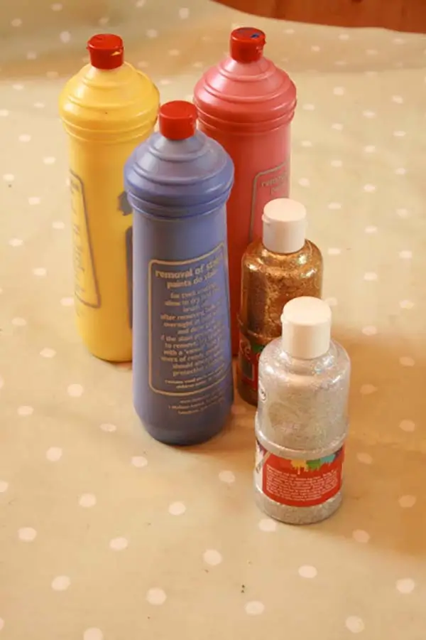Bottles of food dye on a table