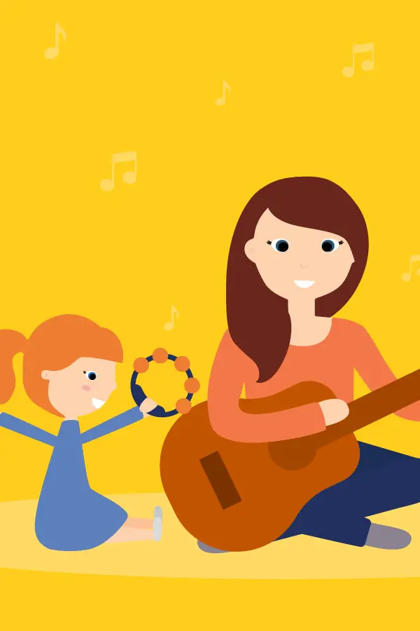 Drawing of a lady playing a guitar next to a small girl