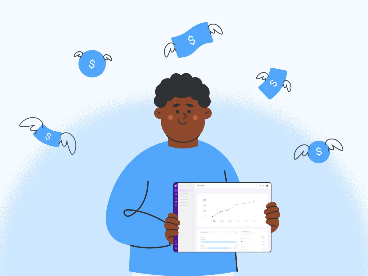 Director holds tablet with Famly while symbols of money surround him