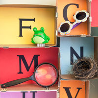 Colourful shelves with letters and some items.