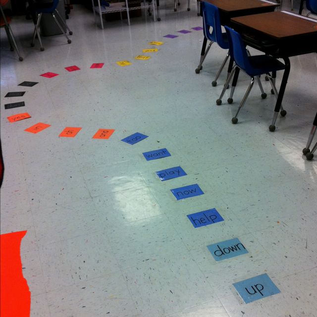 A path of words on cards laying on the floor.