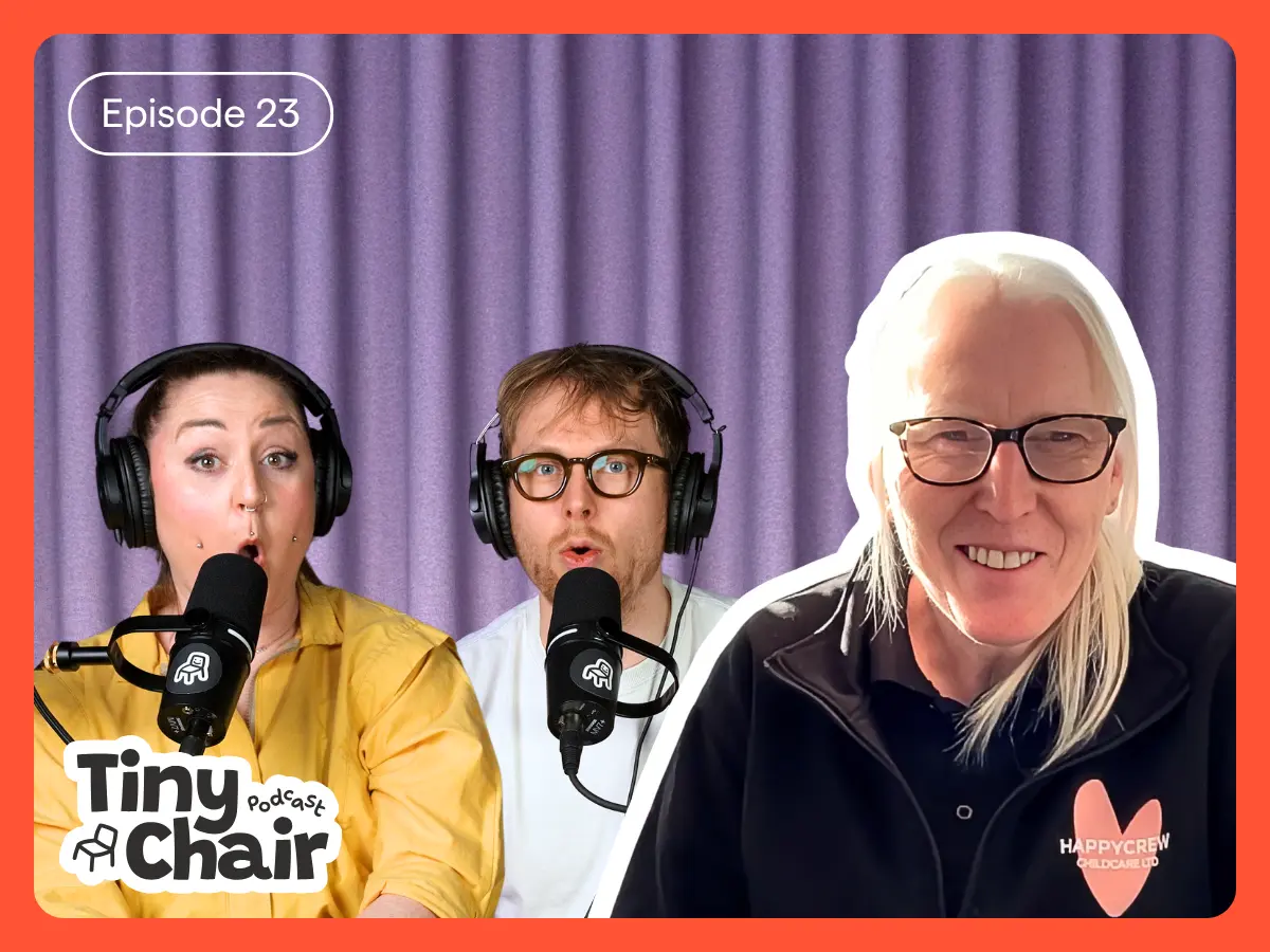 Tiny Chair Podcast hosts Julia and Matt with guest, Mienna Jones, with a purple curtain as a background