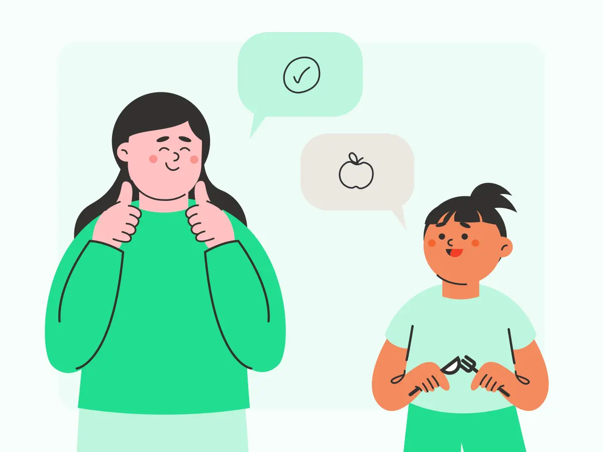 Educator talks to a child about healthy foods