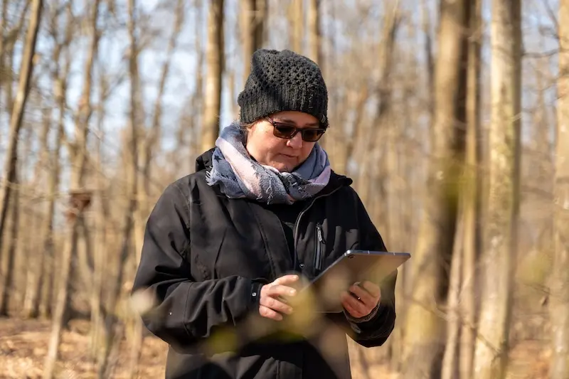Eine Person in schwarzer Jacke, Mütze und Schal nutzt ein Tablet in einem sonnendurchfluteten Wald. Die Szene vermittelt Konzentration und Ruhe inmitten der Natur.