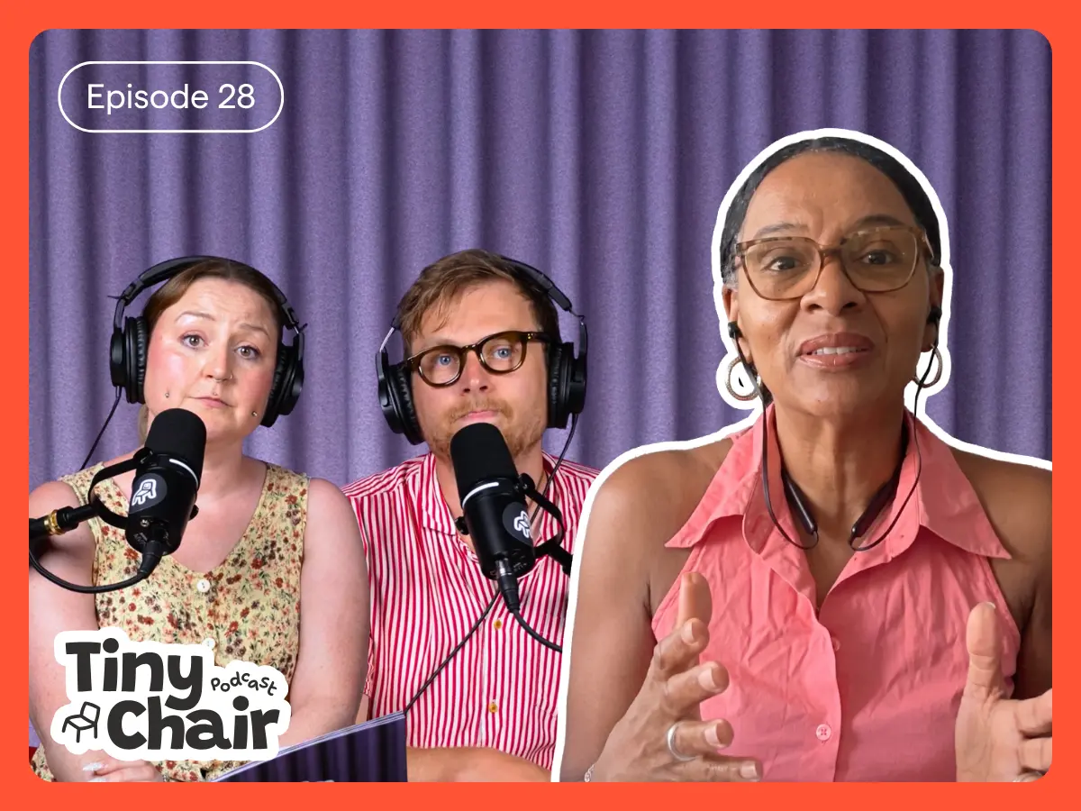 Tiny Chair Podcast hosts Julia and Matt with guest, Ann Marie Christian, with a purple curtain as a background