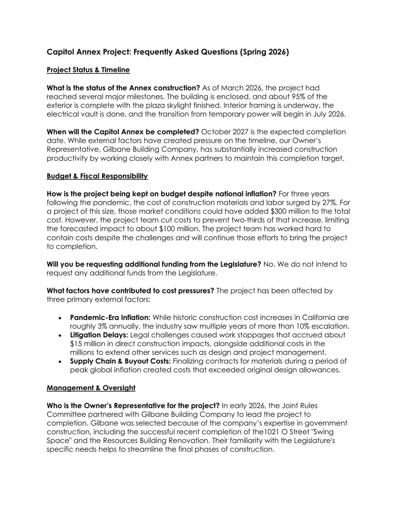 Capitol Annex quarterly update