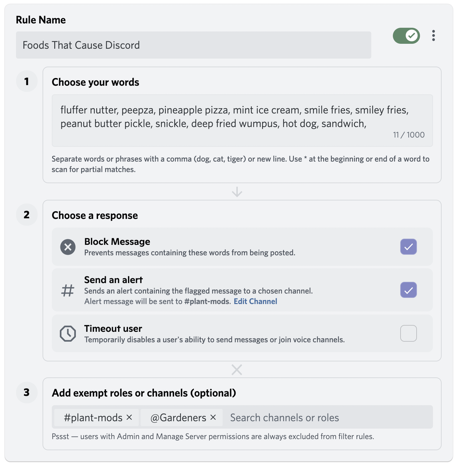 Discord AutoMod settings page, with a customizable list of rule name, words belonging to the rule, responses of "Block Message", "Send an alert", and "Timeout user", and exempt roles and channels.