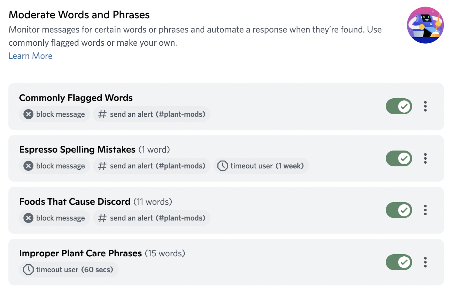 A screenshot of AutoMod’s rules page. Four rulesets are shown, with a variety of actions taken as certain actions are taken. Some automatically block messages, while others send alerts or timeout users. 