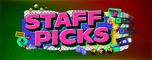 A stylized header that says “Staff Picks.” Icons and imagery of gamepads, microphone icons, VHS tapes, and in-app Activity statuses. 