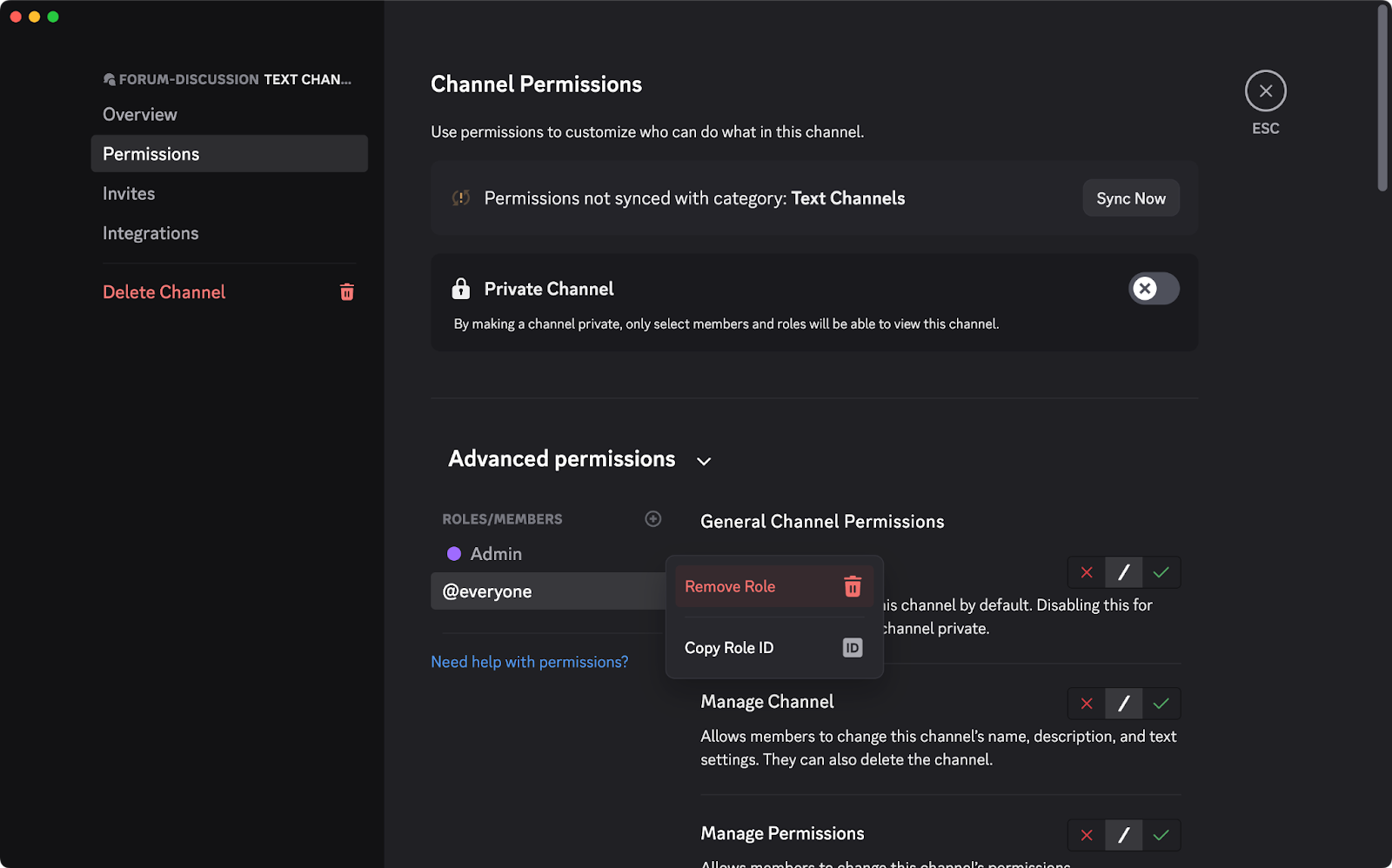 Channel permission settings.