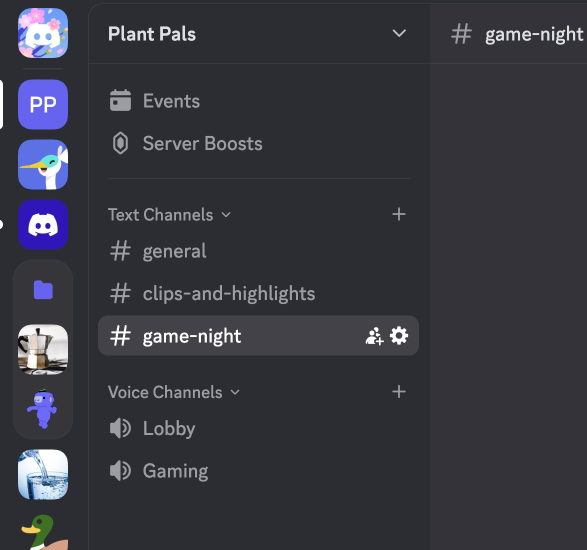 A list of channels in a Discord server.