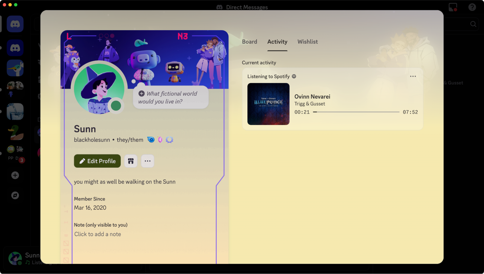 A currently-playing Spotify song being shown as a Discord status. 