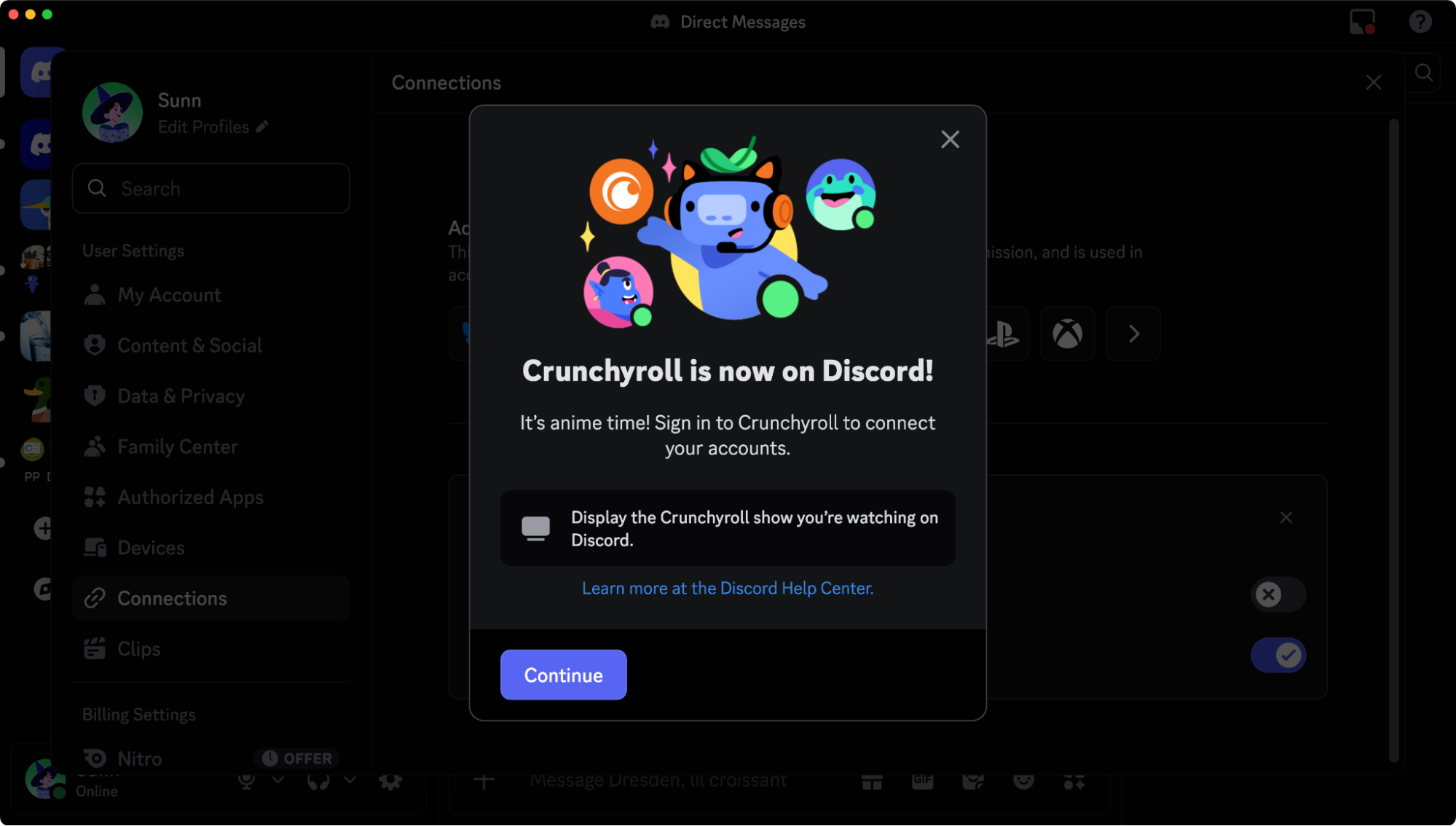The Crunchyroll connection option.