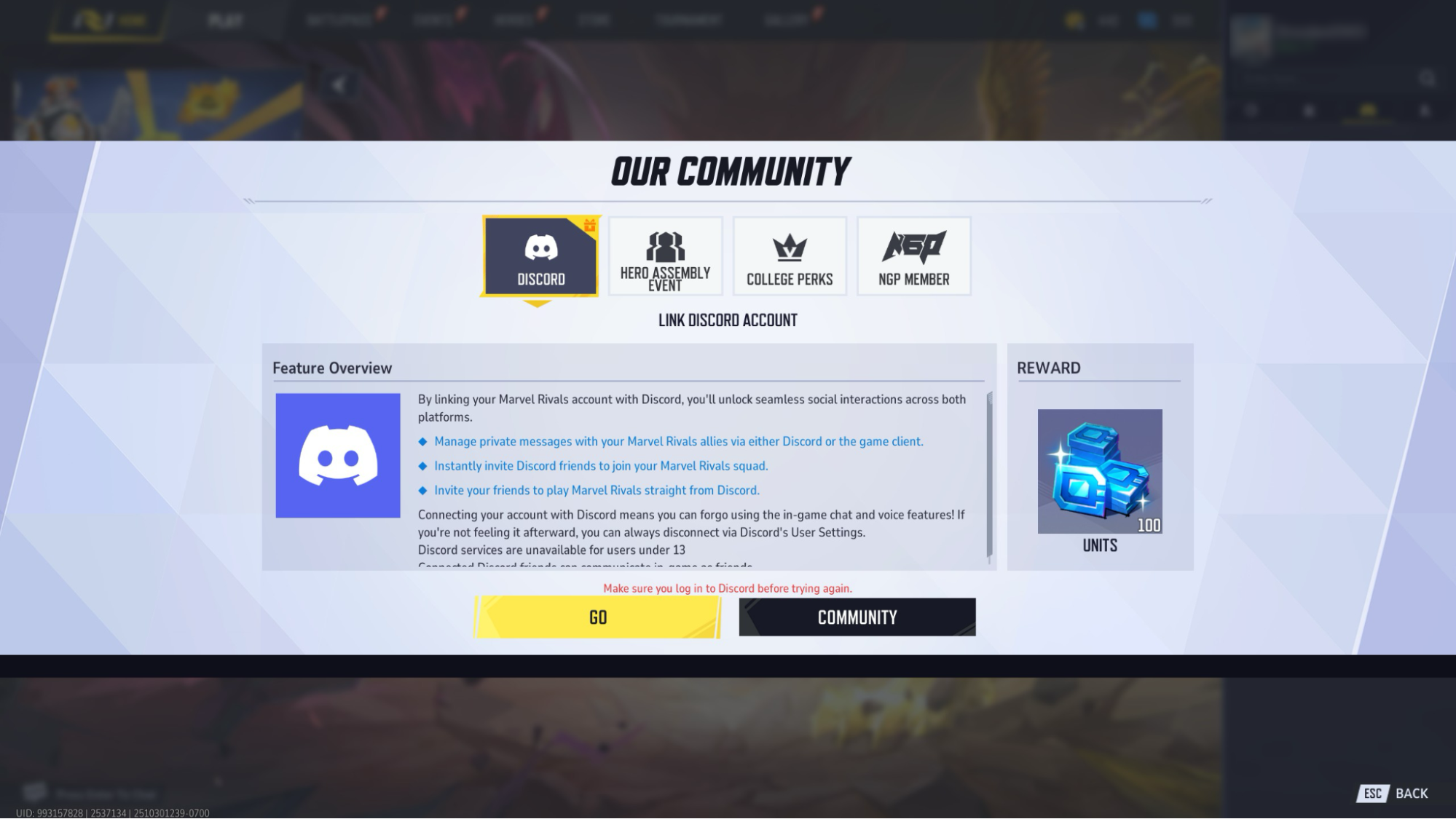 Marvel Rivals account linking page.