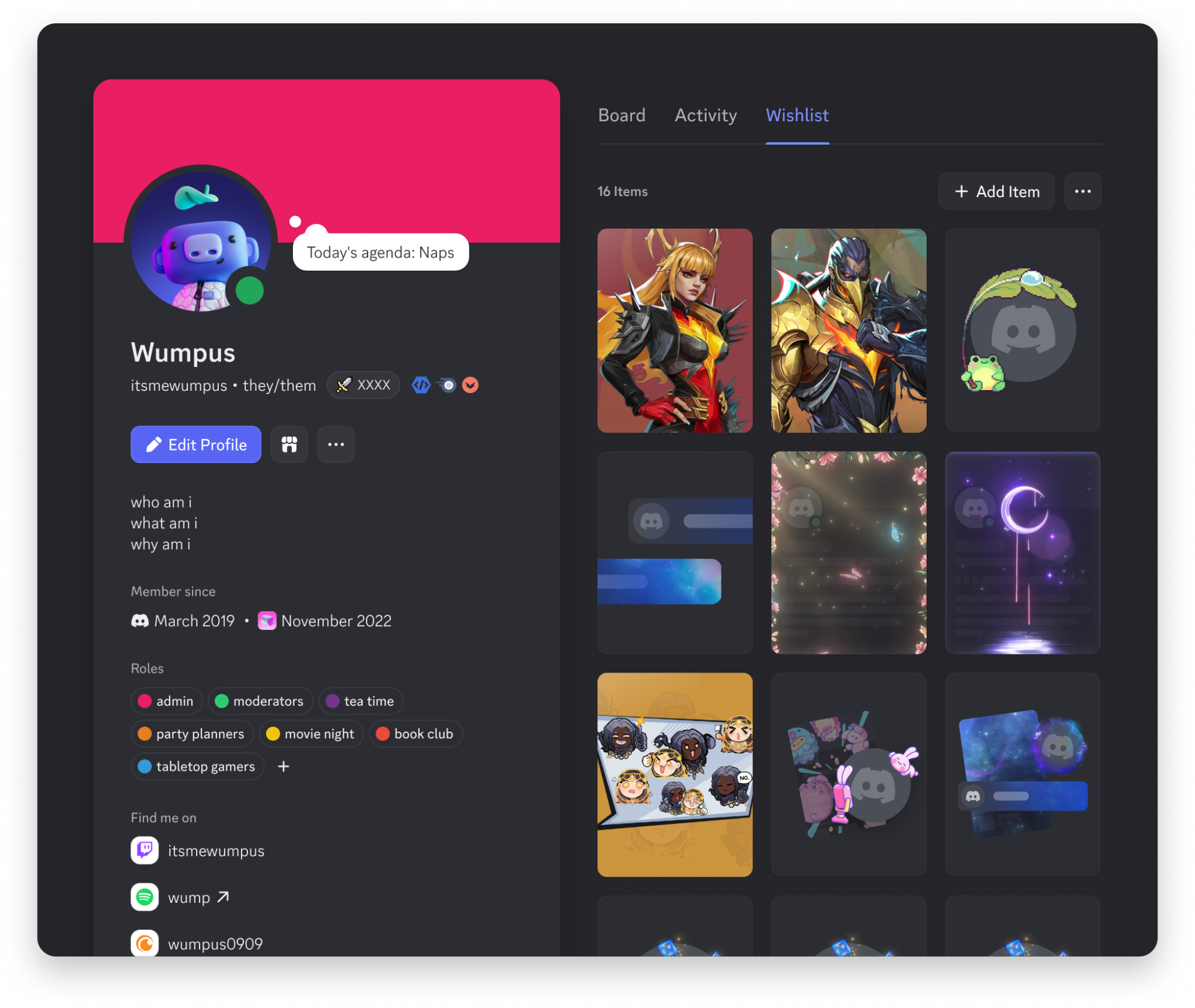 A preview of the Wishlist on a user profile.